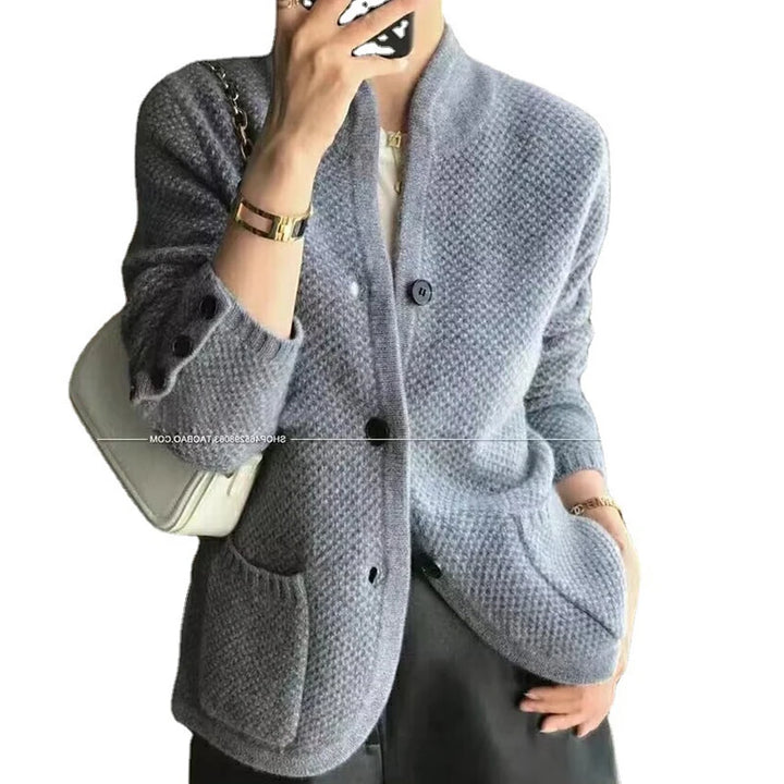 Women's Autumn Winter Long Sleeve Standing Neck Cardigan Fashion Casual Versatile Coats Commuting Solid Color Knitting Lady Tops