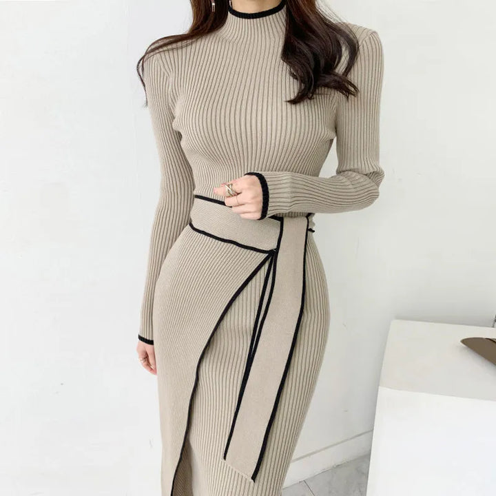 Korean Fashion Turtleneck Maxi Dress - Colorblock Crochet Knit Bodycon