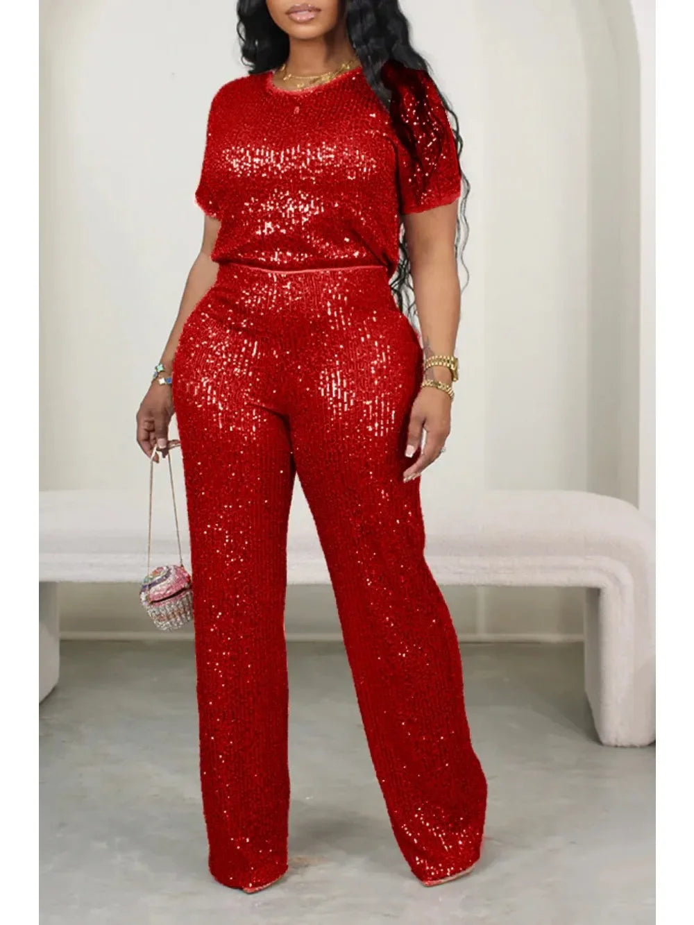 Stylish Autumn Sequin Two Piece Set for Women - Short Sleeved Tshirt & Wide Leg Pants