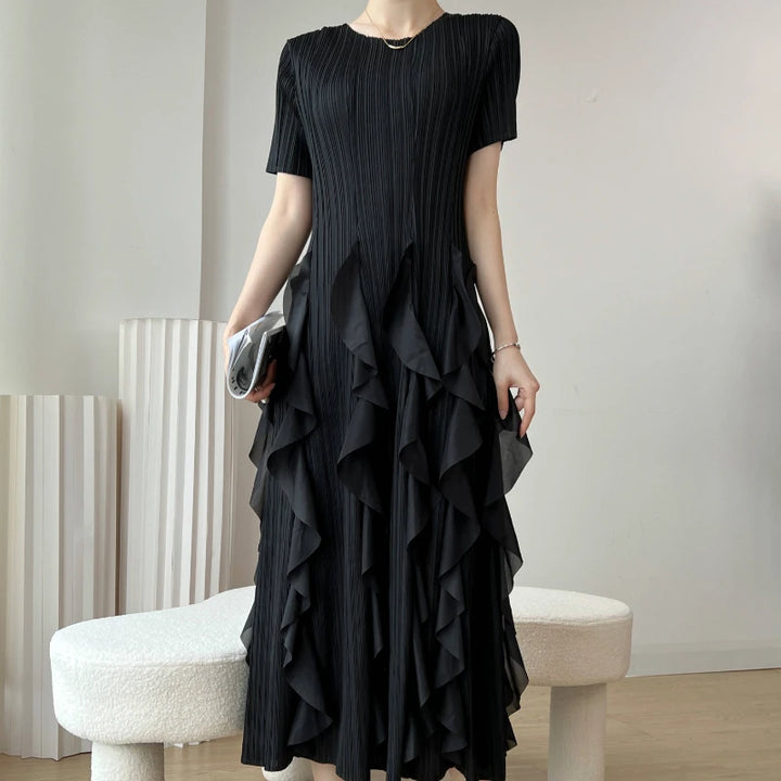 Upgrade Your Style with YUDX 2023 Miyake Pleated Party Dress - Slim Fit, Solid Color, Short-sleeved