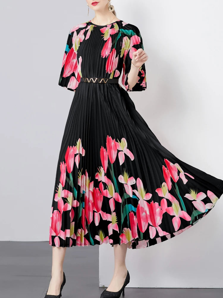 Stunning GVUW Pleated Print Dress - Elegant Lady Summer 2024 Collection