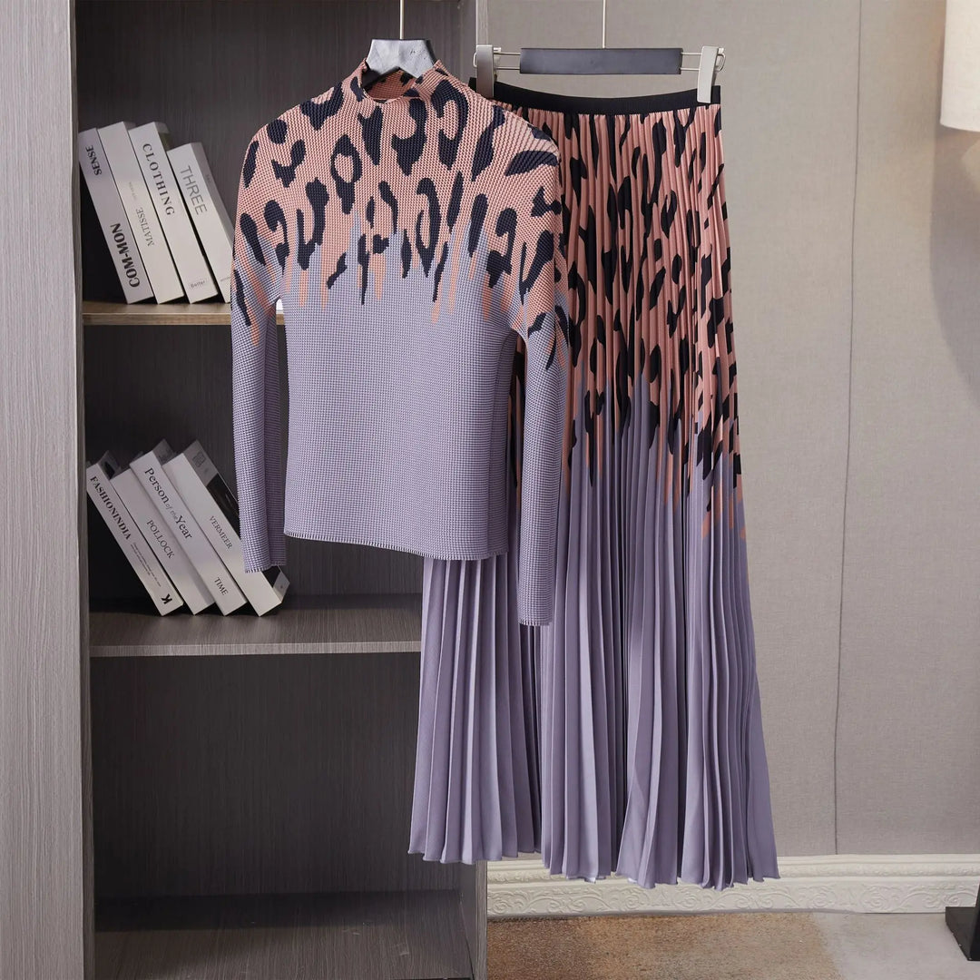 Fashion Two Piece Set For Women Autumn 2023 New Leopard Printed Stretch Miyake Pleated Tops And A-Line Big Swing Long Skirt Suit