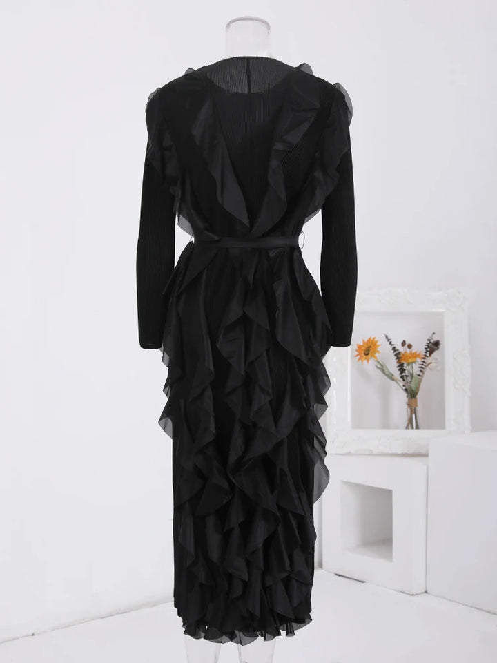 LANMREM Spring Dress - Ruffles, Pleated, Belted, Solid Color