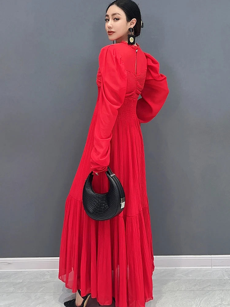 Stunning SHENGPALAE Red Dress - 2024 Spring/Summer Fashion - Large Hem & Pleated - Beautiful & Elegant - Sizes Up to 5XL