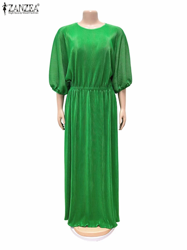 ZANZEA Elegant Maxi Dress - O-neck, Bat Sleeve, Pleated Design for Women - Perfect for Parties, Holidays, and Everyday Wear!