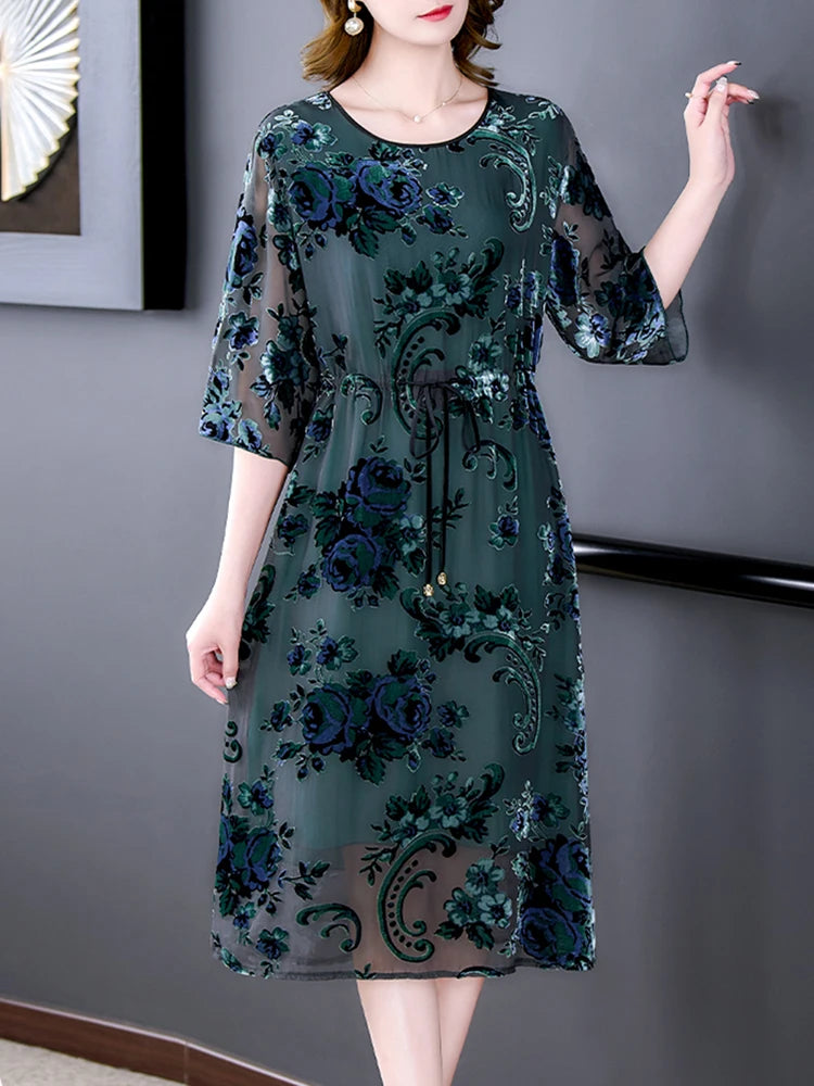 Elegant Floral Silk Midi Dress - High Quality, Korean Vintage Style