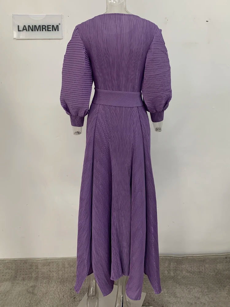 Stylish LANMREM Maxi Dress - High Waist, Long Sleeves, Pleated - 2024 Spring Collection