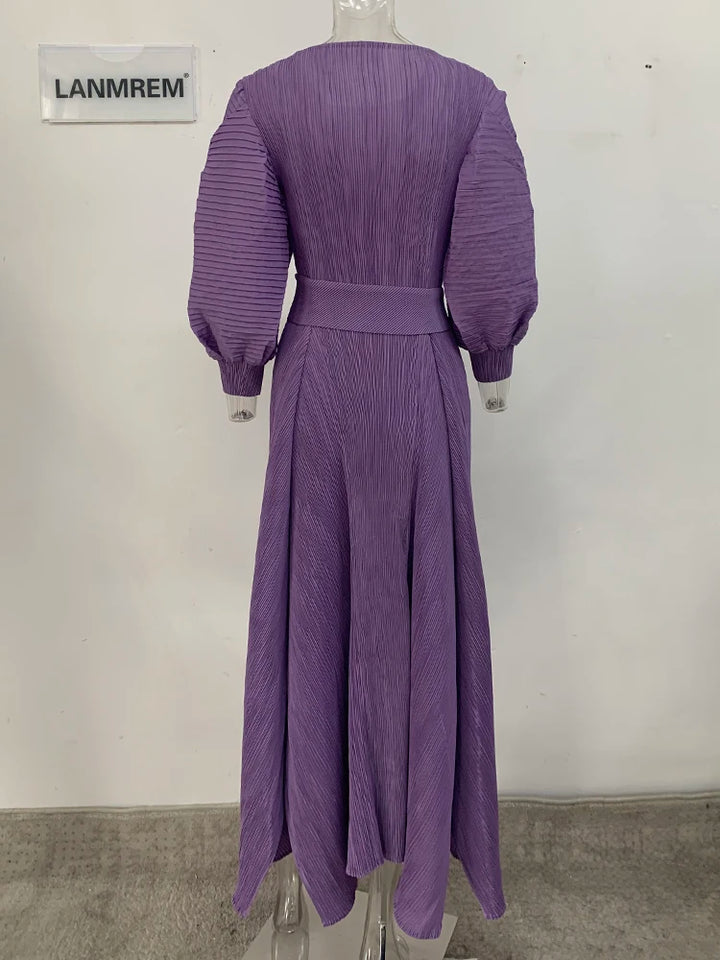 Stylish LANMREM Maxi Dress - High Waist, Long Sleeves, Pleated - 2024 Spring Collection