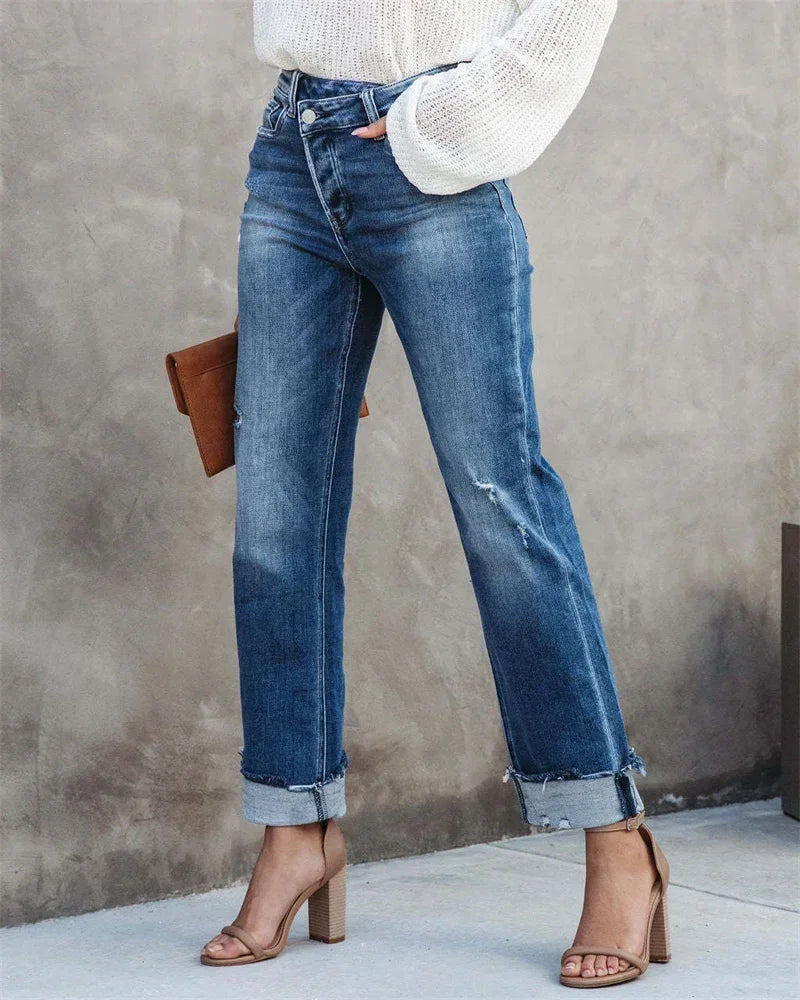 2024 New High Waist Button Splicing Straight Jeans Women Fashion Urban Casual Commuter Denim Pants Ladies Broken Holes Trousers