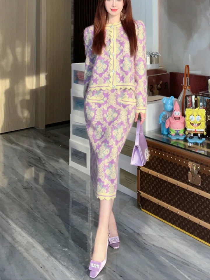 Vintage Women's Knitted Sets 2 Piece 2024 Korean Fashion Long Sleeves Cardigans+Elastic Long Skirt Thick Sweater Two Pieces Sets