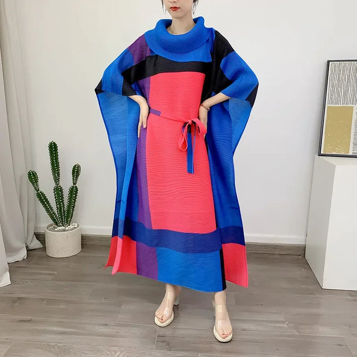 2024 New EGRM Spring Maxi Dress: Color Block, Pleated, Wrapped Sleeves, Belted