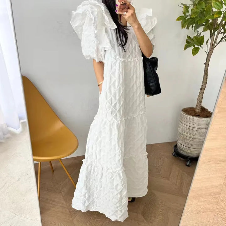 Korean Summer White V Neck Ruffles Midi Dress