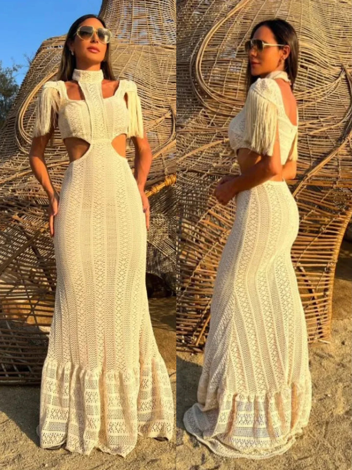 Stunning White Lace Dress - Turtleneck, Tassel Sleeves, Slim Fit, Hollow Out, Beach Ready, Knit Robe