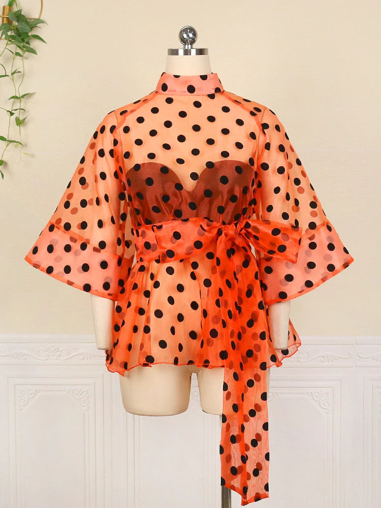 Stylish Polka Dot Organza Blouse with Belt - Perfect for Evening Parties and Plus Size Women