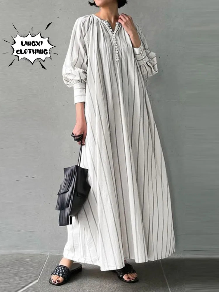 2023 Women's Vintage Linen Dress | Round Neck Long Sleeve Pullover | Elegant Robe