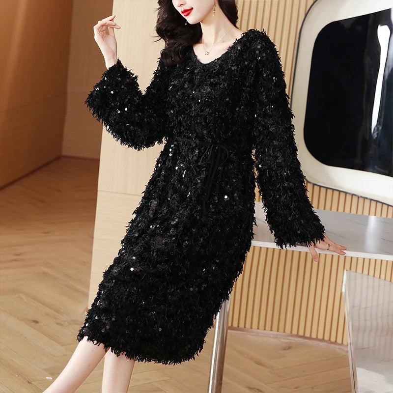 2024 High Street Solid Sequins Dress for Special Events Autumn Winter Luxury Party Vestidos Women Elegant Bodycon Evening Dress