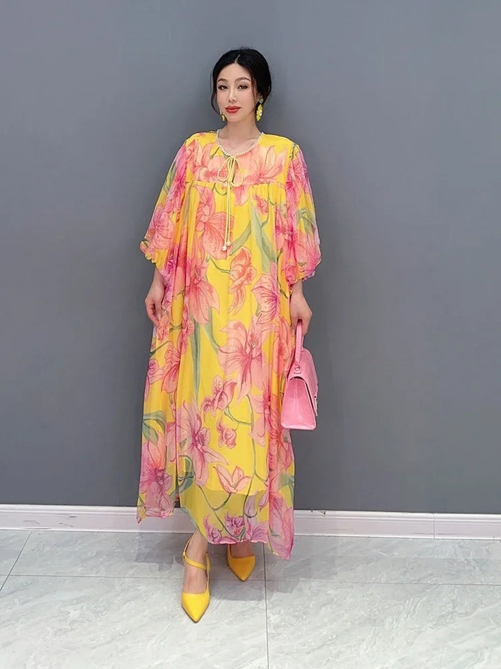 2024 Summer Chiffon Floral Dress - Elegant and Colorful Print - One Size Fits All