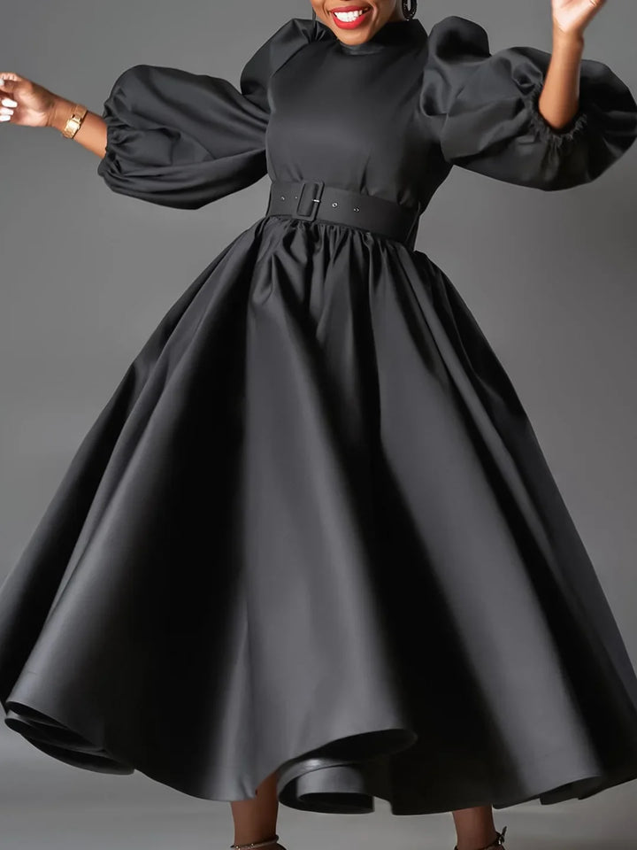 Puff Sleeve Elegant A-Line Pleated Dress Eevning Satin Fashion Wedding Guest Cocktail Long Dress Vintage Dress with Belt