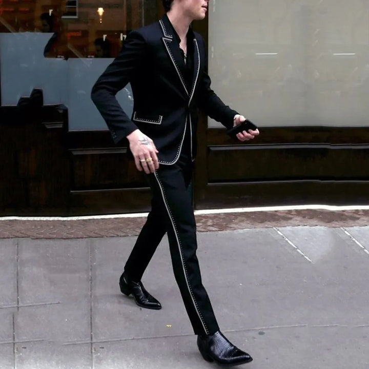 Men Luxury Black 2Pc Suit Single Breasted Silver Embellished Elegant Groomsmen Wedding Dinner Prom Party Personalized Coat Pant