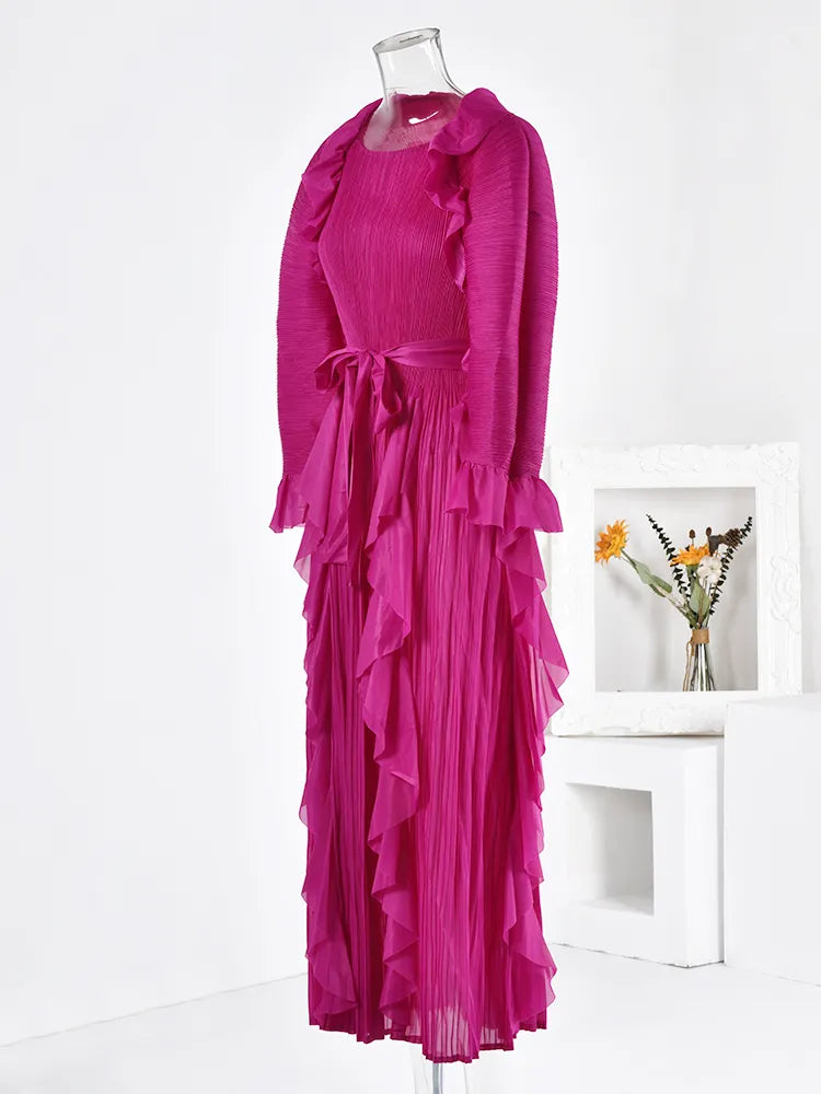 LANMREM Women's Maxi Dress - Ruffled Flare Sleeves, Round Neck, Solid Color, Belted - Autumn Party Wear