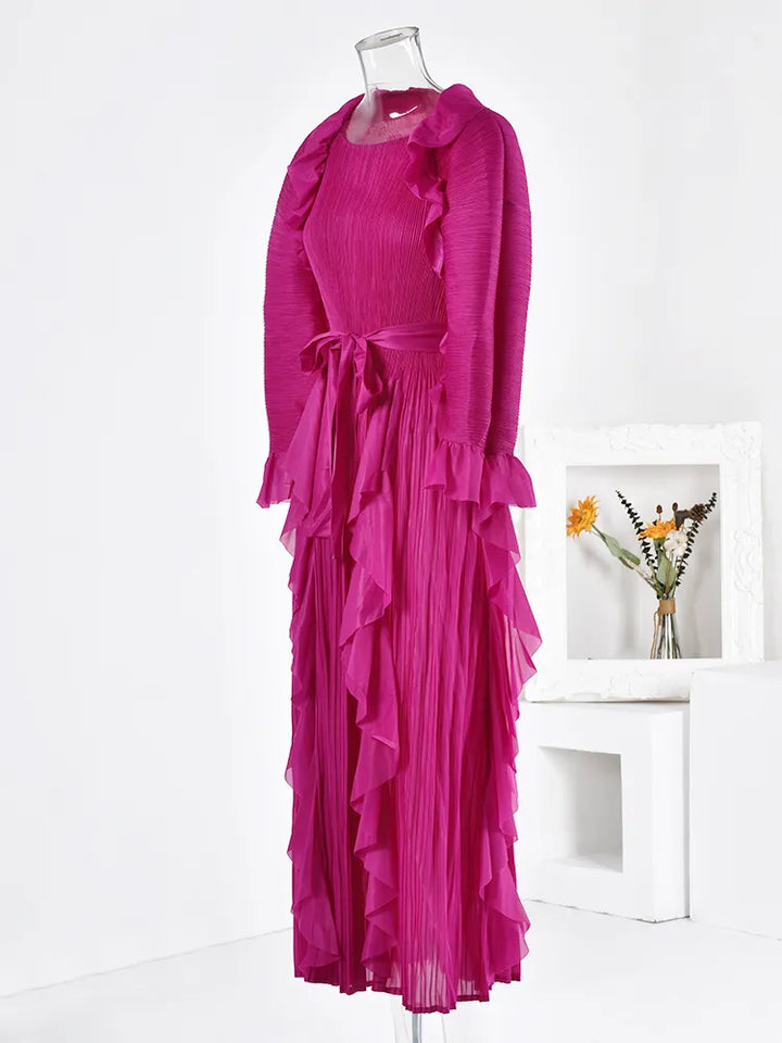 LANMREM Women's Maxi Dress - Ruffled Flare Sleeves, Round Neck, Solid Color, Belted - Autumn Party Wear