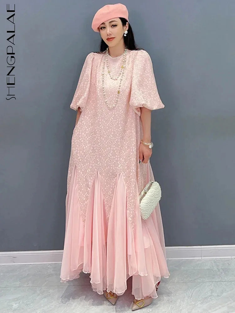 2024 Spring Lace Dress with Beaded Chiffon, Bubble Sleeves and Fishtail - Elegant Women's Wear