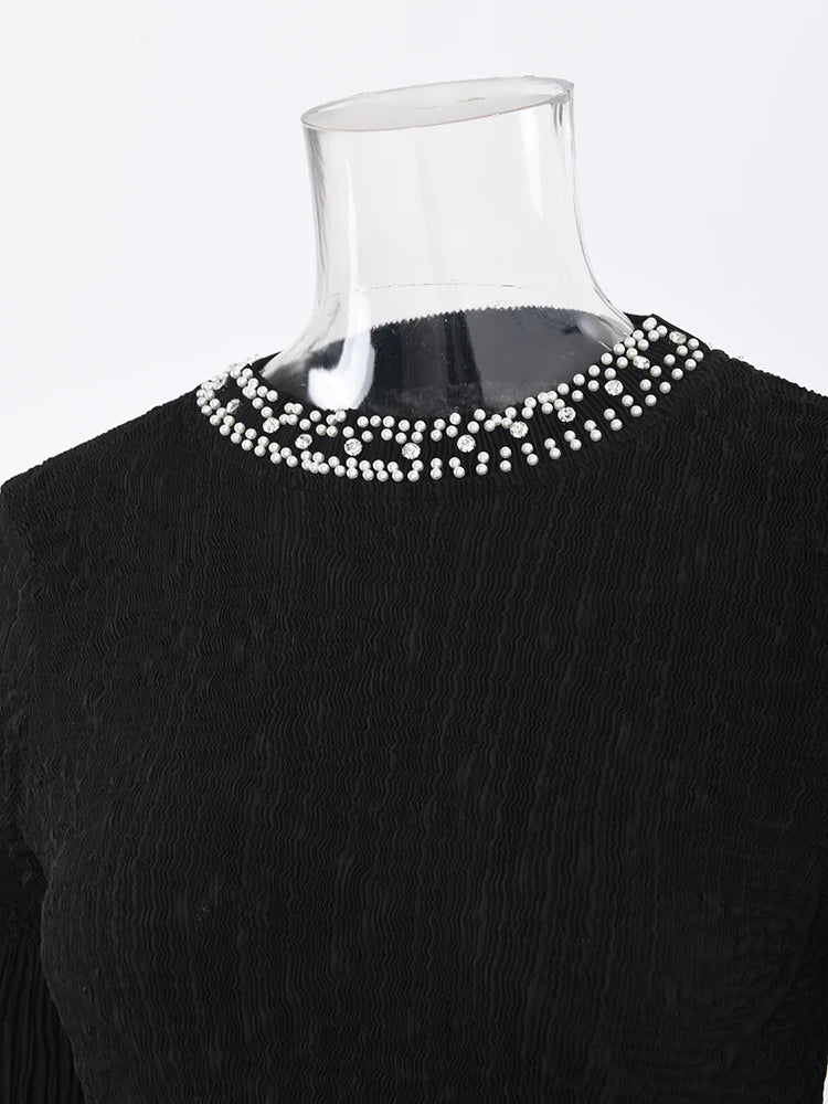 LANMREM 2024 Fashion Party Pleated Dress Women Pearls Spliced Design Collar Long Sleeves Dresses Elegant Spring New 32C383