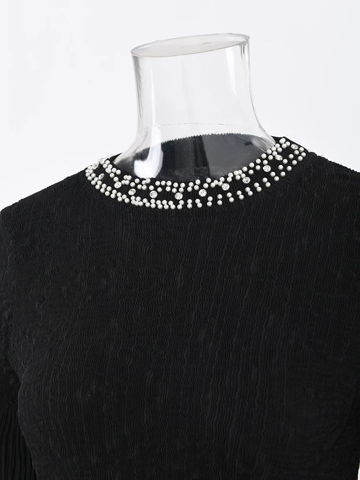 LANMREM 2024 Fashion Party Pleated Dress Women Pearls Spliced Design Collar Long Sleeves Dresses Elegant Spring New 32C383