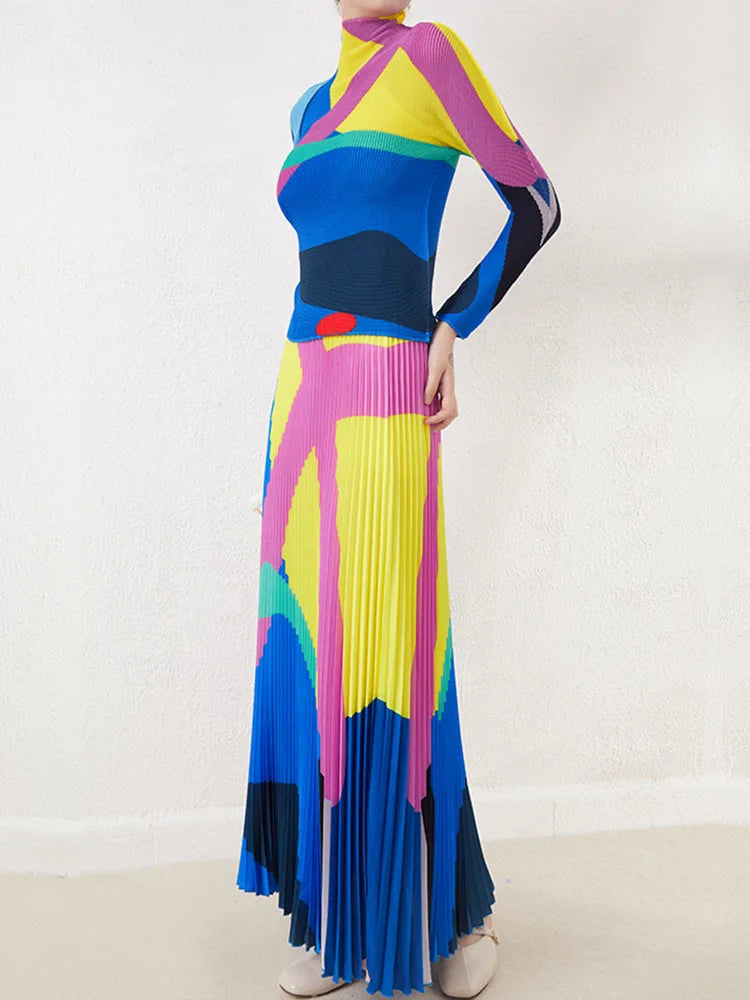 LANMREM Color Block T-shirt & Skirt Set | Long Sleeves Turtleneck Top & Elastic Waist Skirt | Women's Fashion