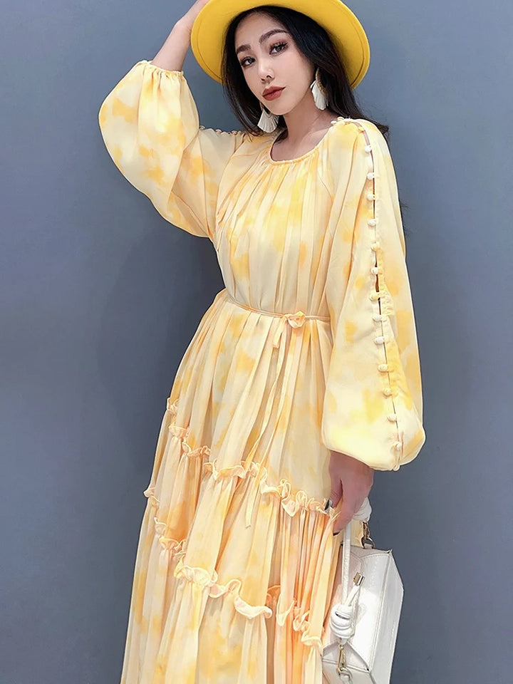 Elegant Chiffon Printed Dress - Spring/Summer 2024 Collection - Loose Fit - Long Sleeve - SHENGPALAE