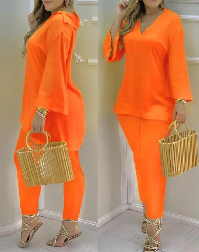 Stylish Two Piece Set - Chic V-Neck Top & Pants - Perfect for Daily Wear!