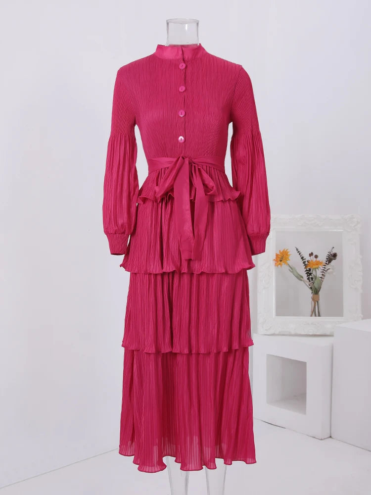 LANMREM Pleated Dress with Stand Collar