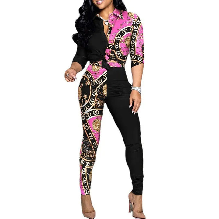 Colorblock Print Two-Piece Set - Casual Suit with Long Sleeve Lapel Shirt and Pants