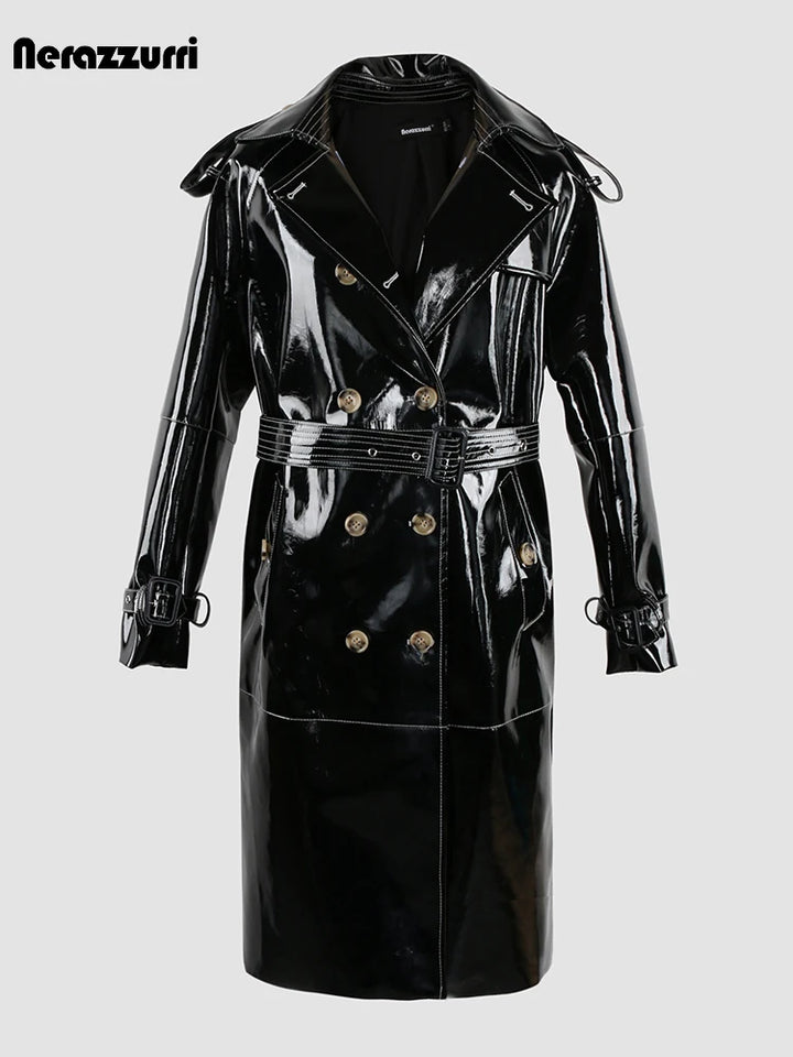 Luxury Designer Trench Coat for Women - Shiny Black/Red Patent PU Leather - Double Breasted - 2023