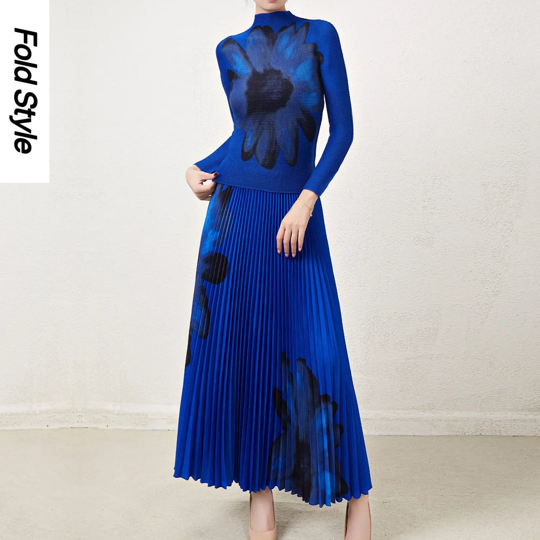 Floral Pleated Dress Set - Elegant & Chic Two-Piece for Women" "Asian Size - Printed Long Sleeve Swing Dress with Pleats" "Miyake Pleated Flower Set - Fashionable & Versatile Two-Piece