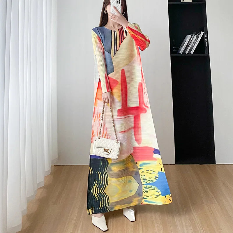 Luxury Miyake Pleated Summer Dress - Fashion Print, Plus Size, Casual A-Line, Round Neck, Evening Dress (Size: One Size)