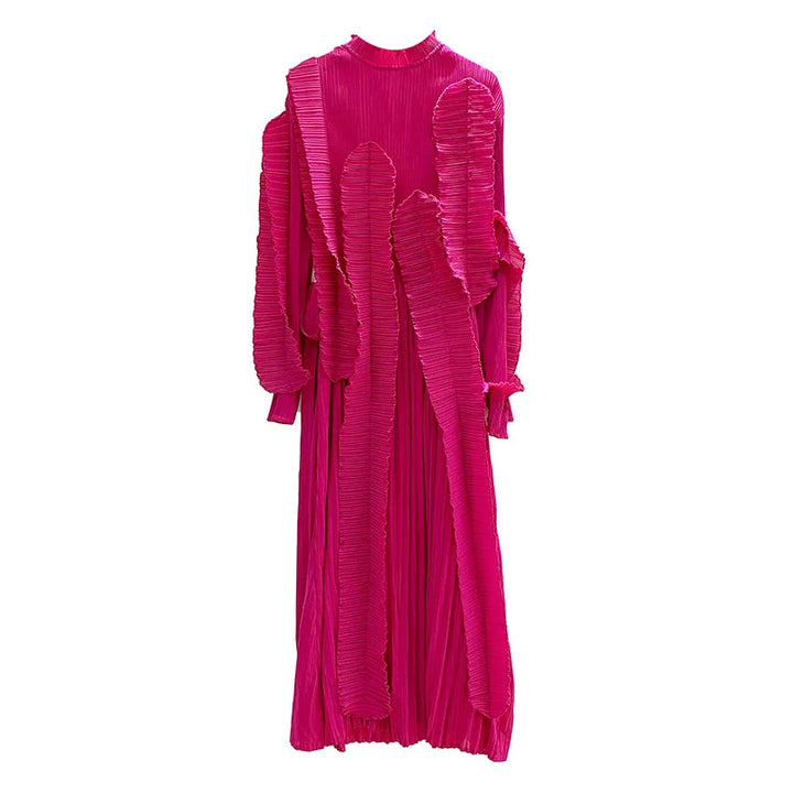 2024 New Spring Miyake Maxi Dress - Solid Ruffles, Full Sleeves, Evening Party - Women's Fashion