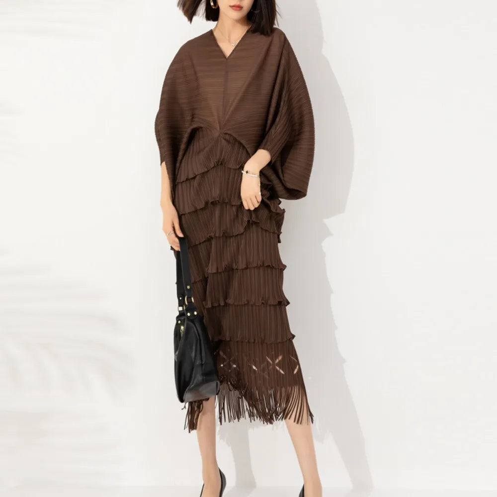 Fall Womens Pleated Dress - V-neck Bat-sleeve Fringe Hip - MIA XU STORE