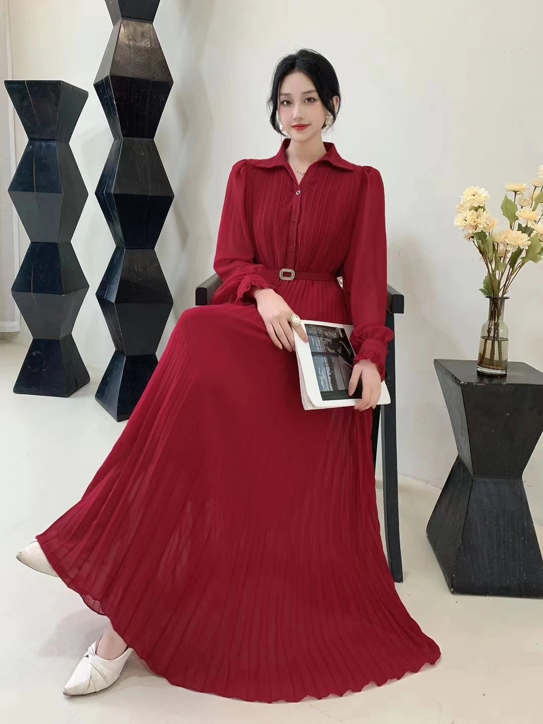 Spring Autumn Women's Fashion Chiffon Pleated Dress
