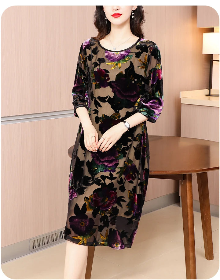 Vintage Silk Velvet Dress for Women | Autumn 2023 Collection | Round Neck, 3/4 Sleeves, Loose Fit | Casual Holiday Vestidos
