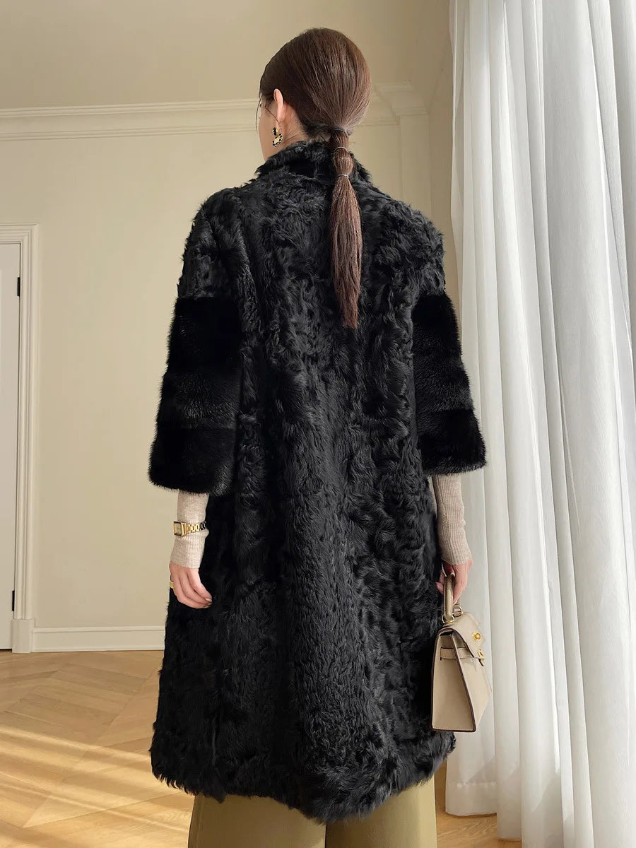 Lamb fur coat for women, light luxury, sheepskin, fur one piece coat, patchwork whole mink, V-neck, medium length, winter 2023