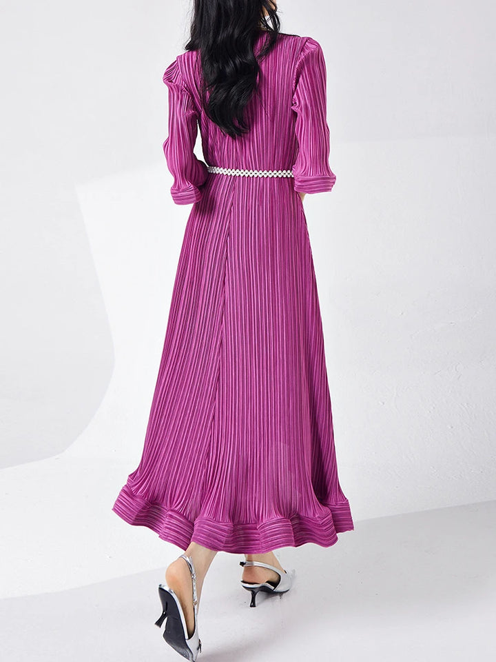 Stylish Pleated Dress with Flare Sleeves and Ruffles - Perfect for Elegant Evening Parties