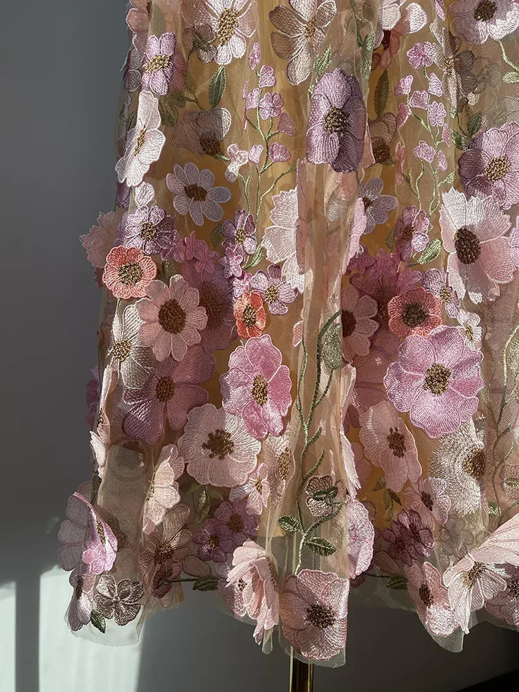 Title: 'Elegant High Waist Floral Tulle Skirt with 3D Embroidered Flowers - JIAMI Luxury Fairy Skirt