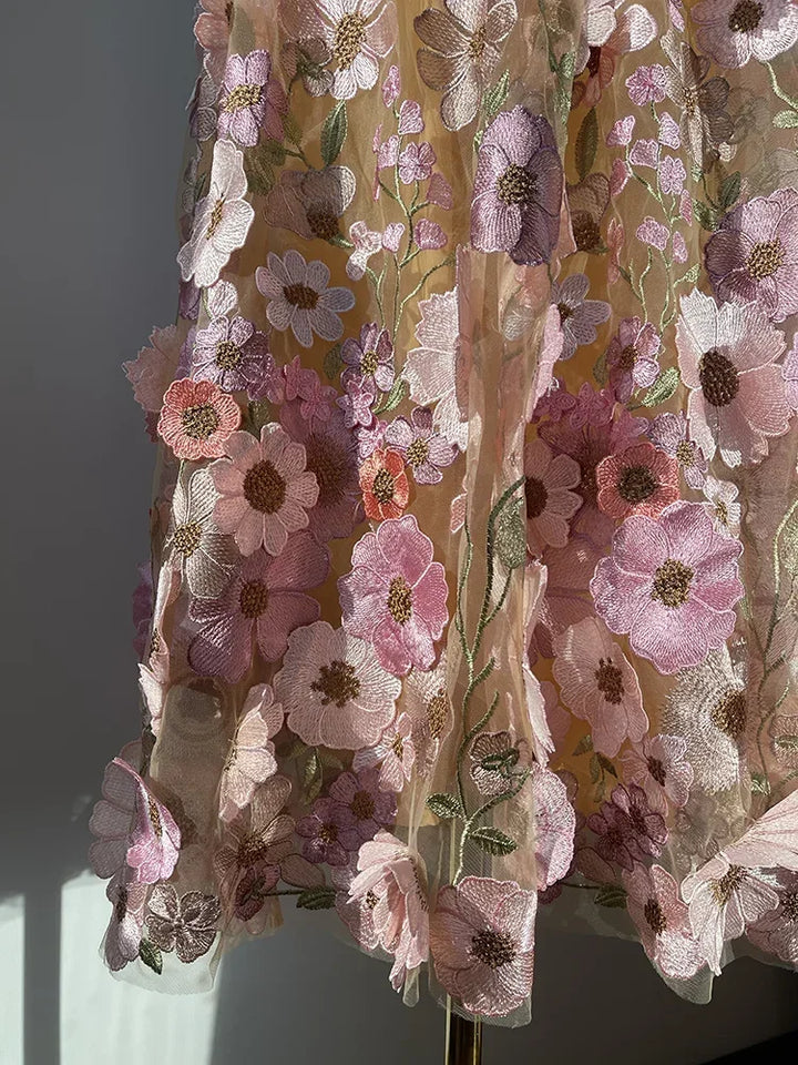 Title: 'Elegant High Waist Floral Tulle Skirt with 3D Embroidered Flowers - JIAMI Luxury Fairy Skirt