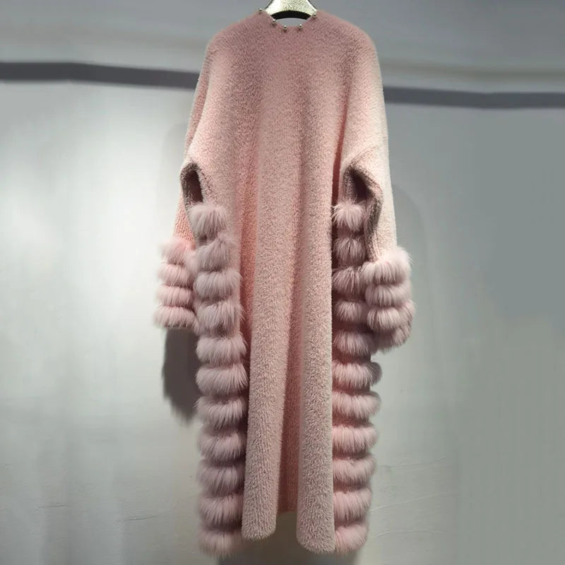 Women's Fox Fur Stripe Knitted Cardigan Coat