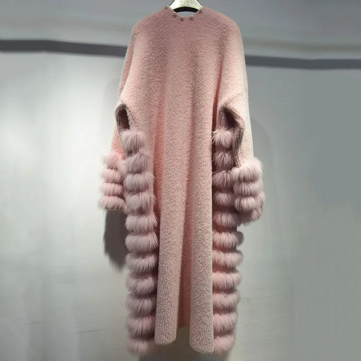 Women's Fox Fur Stripe Knitted Cardigan Coat