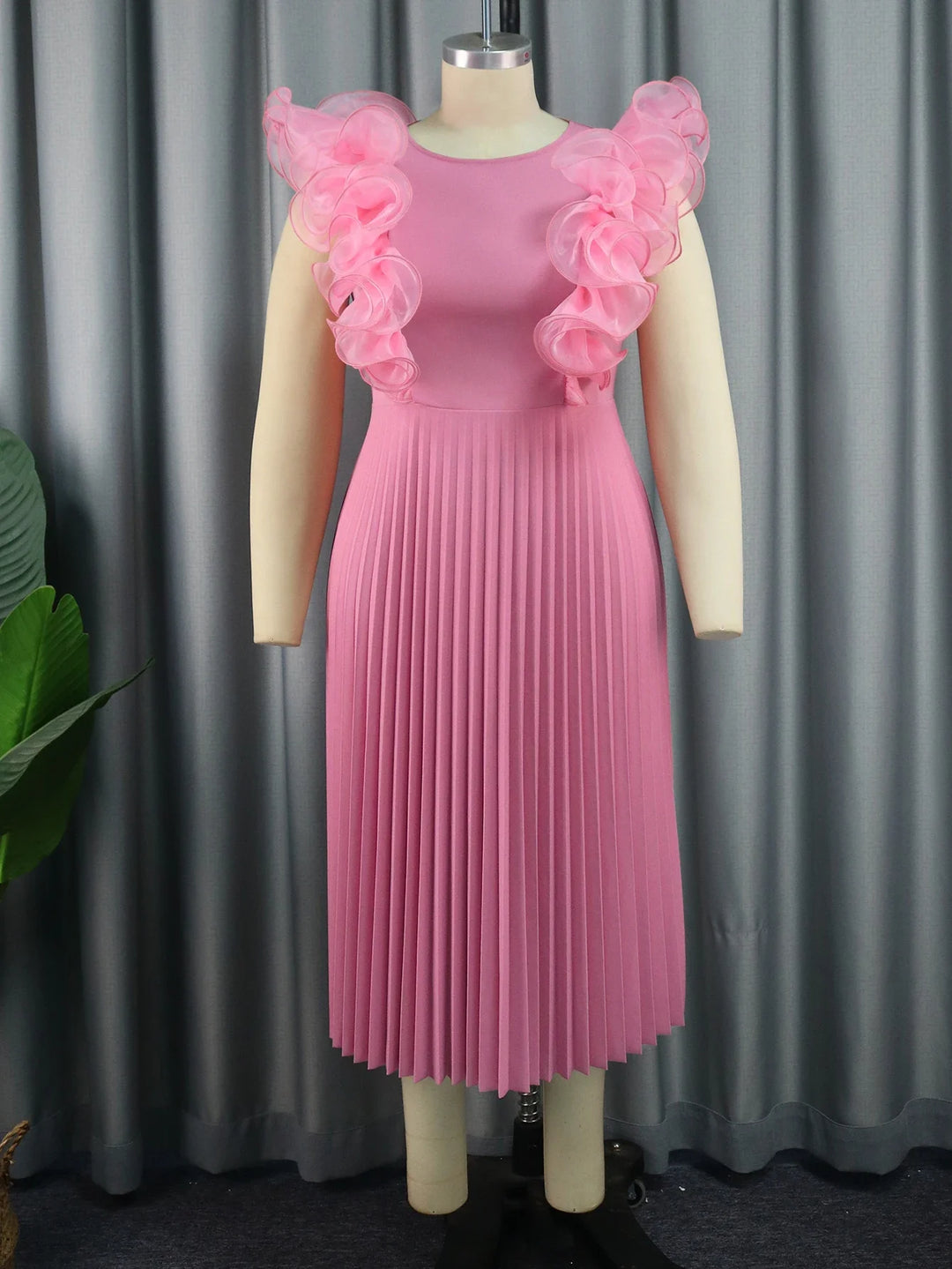 Pink Plus Size Pleated Dress - Ruffles Sleeveless A Line - Casual/Party/Evening/Birthday - 3XL/4XL/High Waist - 121cm