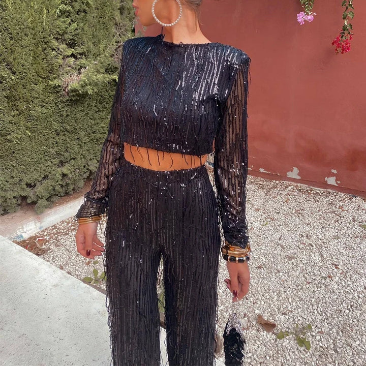 Sparkle in Style: Women's Glitter Two Piece Set - Long Sleeve Blouse & High Waist Pants