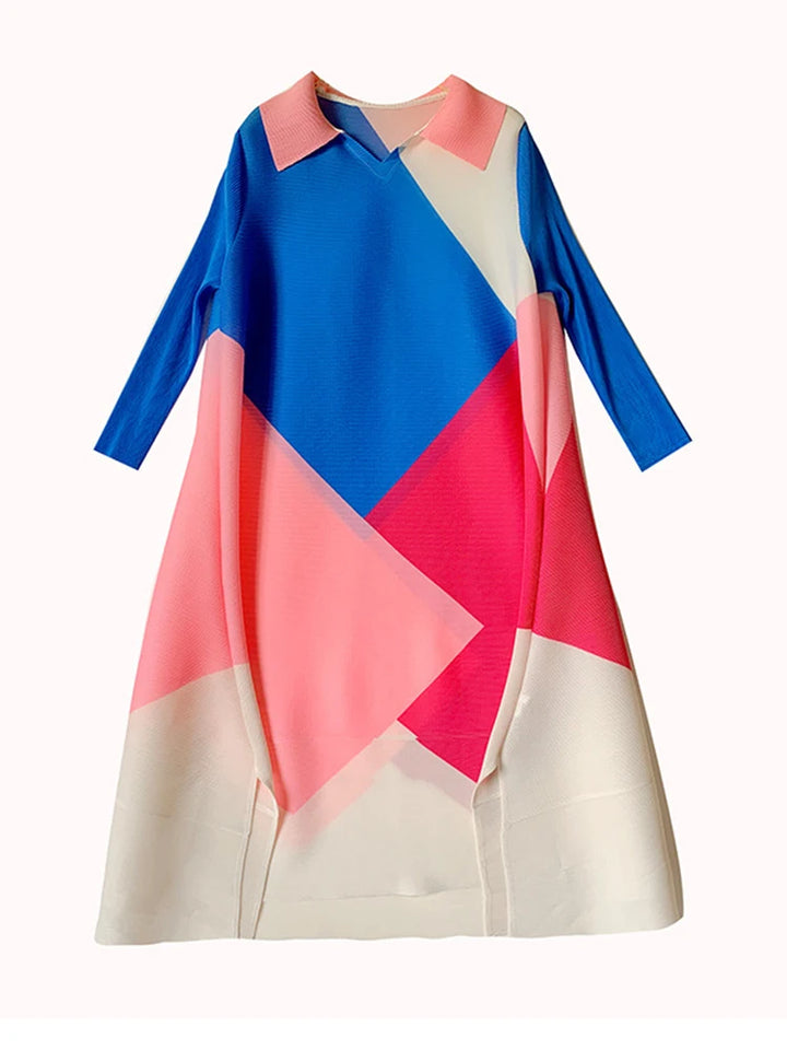 LANMREM Pleated Color Block Dress