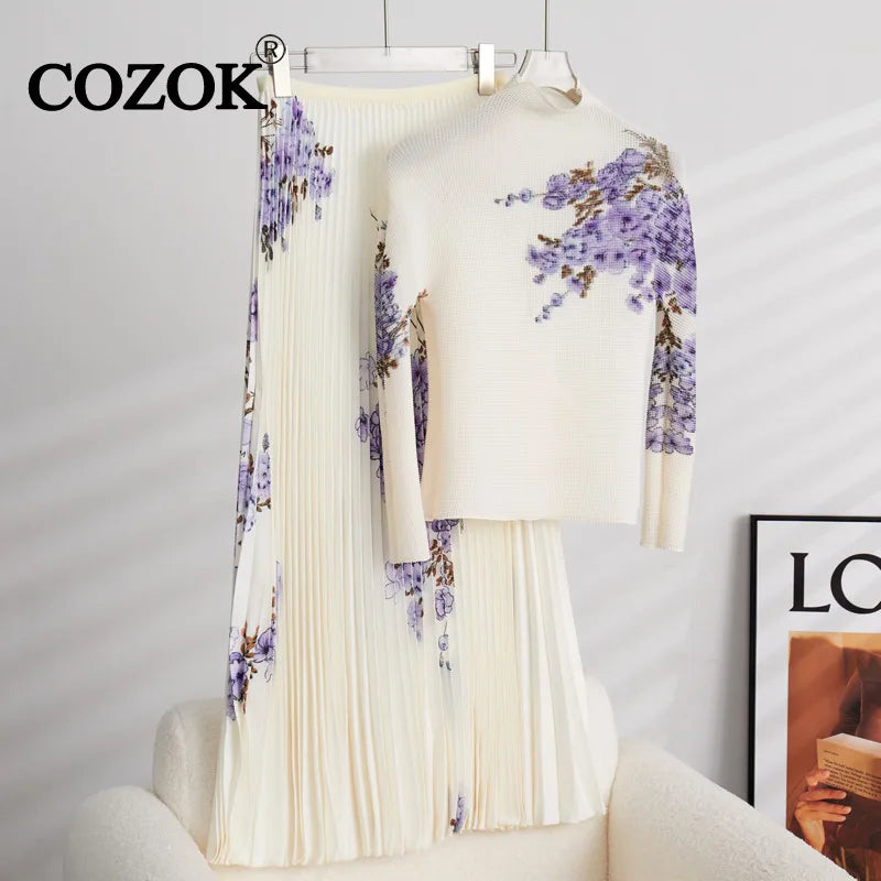 COZOK Women's 2024 Spring Fashion Two-piece Set - Long-sleeved T-shirt + Printed Skirt